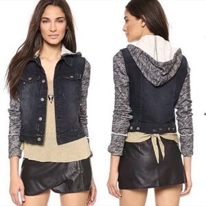 Free People Distressed Denim Jacket With Knit Sleeves Removable Hoodie large